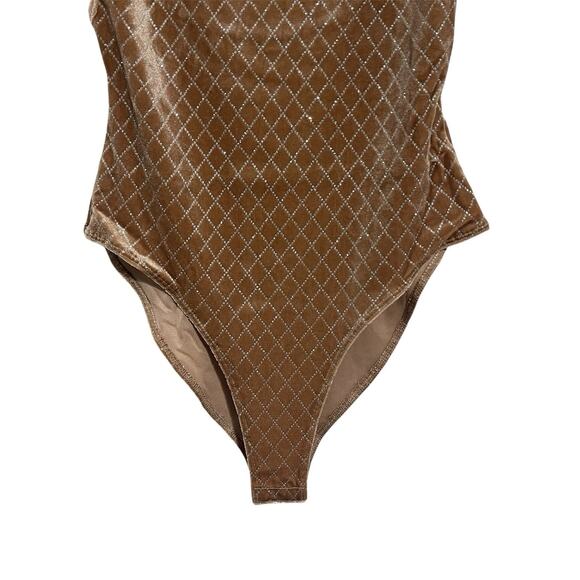 Velvet Diamond Check Print Bodysuit Top Size S Light Brown Metallic Cheeky NEW - Picture 3 of 14
